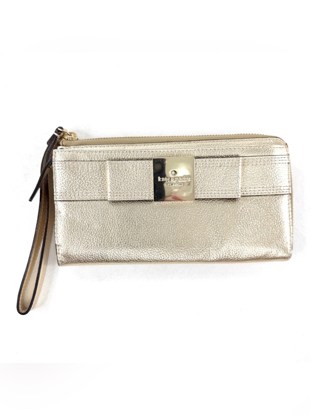 Kate Spade Metallic Gold Pebbled Leather Mini Bag Wallet Wristlet Strap Logo